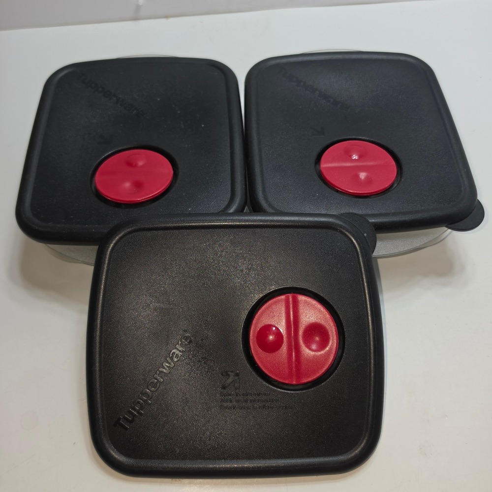 Tupperware 2 Rock N Serve Containers Black Lid Red Vent Square Small 5.5in 3 Lid